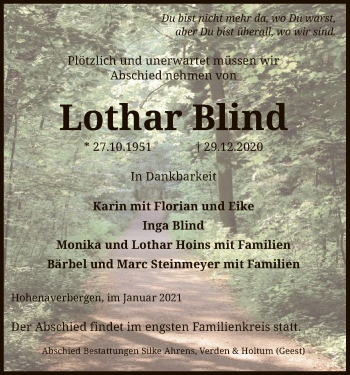 Traueranzeige von Lothar Blind von SYK