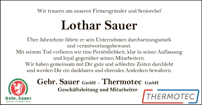  Traueranzeige für Lothar Sauer vom 22.01.2021 aus SYK