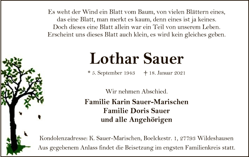  Traueranzeige für Lothar Sauer vom 22.01.2021 aus SYK