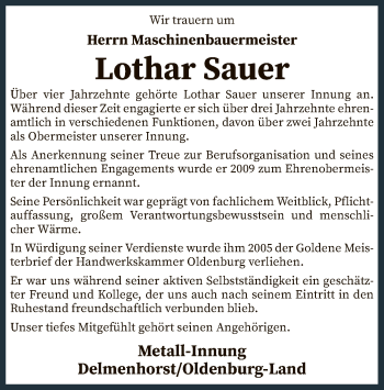 Traueranzeige von Lothar Sauer von SYK