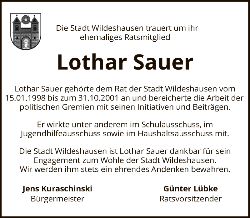  Traueranzeige für Lothar Sauer vom 25.01.2021 aus SYK