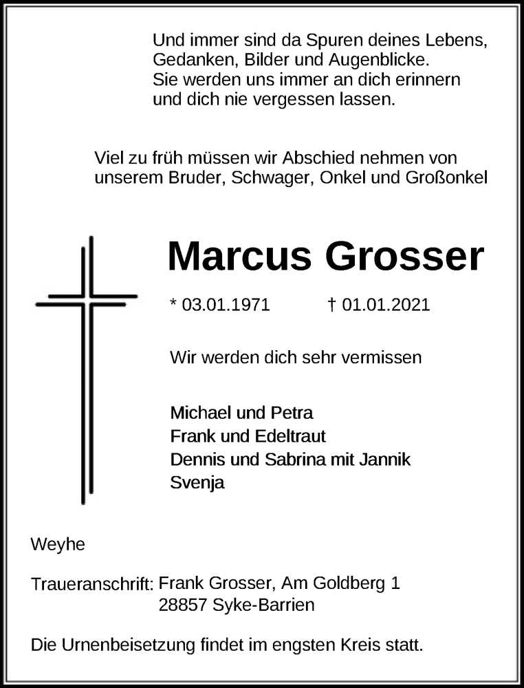  Traueranzeige für Marcus Grosser vom 05.01.2021 aus SYK
