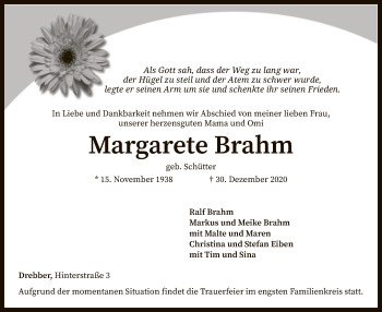 Traueranzeige von Margarete Brahm von SYK