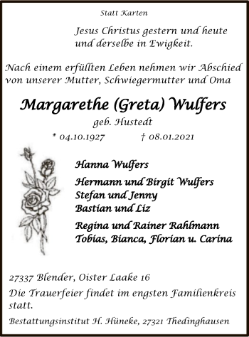 Traueranzeige von Margarethe Wulfers von SYK