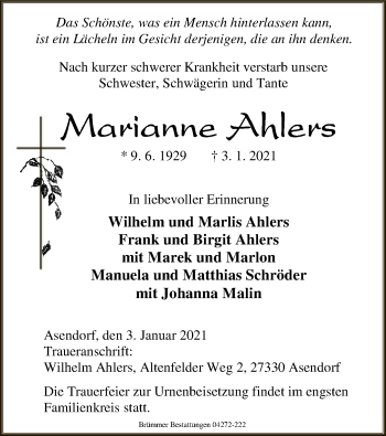 Traueranzeige von Marianne Ahlers von SYK