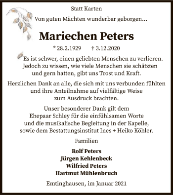 Traueranzeige von Mariechen Peters von SYK