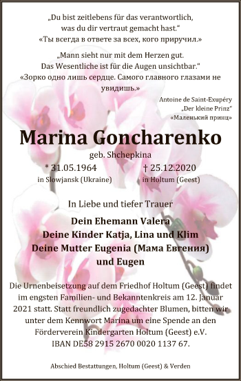 Traueranzeige von Marina Goncharenko von SYK