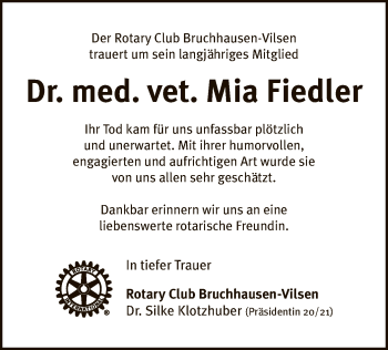 Traueranzeige von Mia Fiedler von SYK