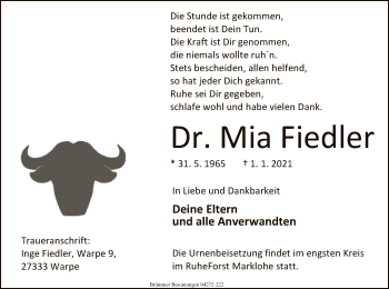 Traueranzeige von Mia Fiedler von SYK