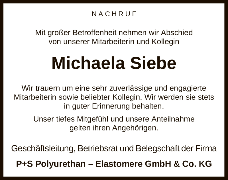  Traueranzeige für Michaela Siebe vom 07.01.2021 aus SYK