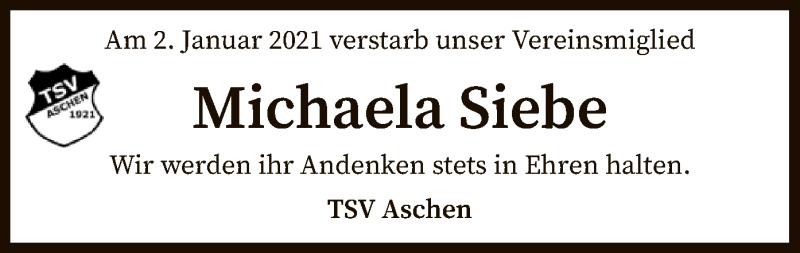  Traueranzeige für Michaela Siebe vom 08.01.2021 aus SYK