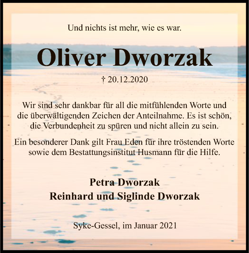  Traueranzeige für Oliver Dworzak vom 20.01.2021 aus SYK