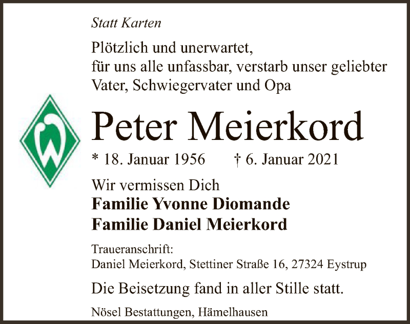  Traueranzeige für Peter Meierkord vom 23.01.2021 aus SYK