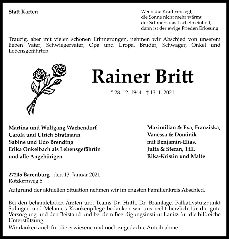  Traueranzeige für Rainer Britt vom 16.01.2021 aus SYK