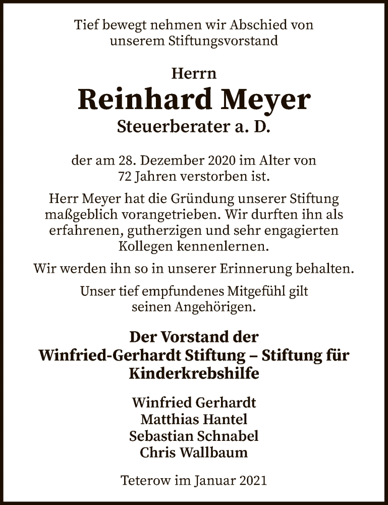  Traueranzeige für Reinhard Meyer vom 09.01.2021 aus SYK