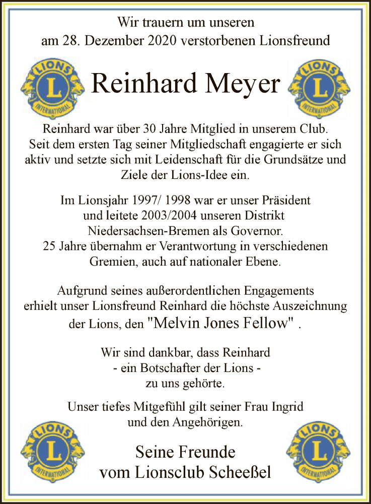  Traueranzeige für Reinhard Meyer vom 09.01.2021 aus SYK