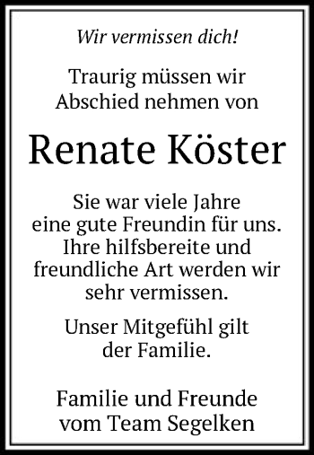 Traueranzeige von Renate Köster von SYK