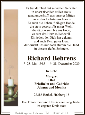 Traueranzeige von Richard Behrens von SYK