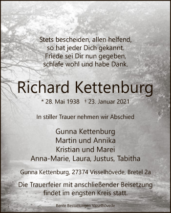 Traueranzeige von Richard Kettenburg von SYK