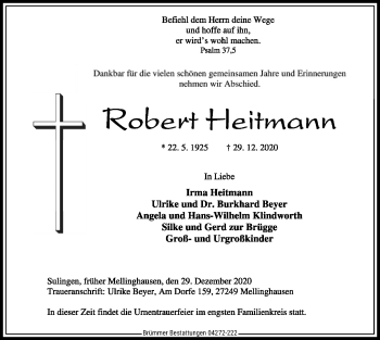 Traueranzeige von Robert Heitmann von SYK