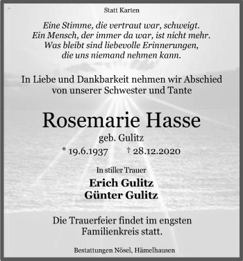 Traueranzeige von Rosemarie Hasse von SYK