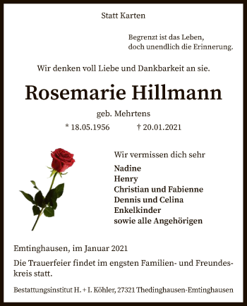 Traueranzeige von Rosemarie Hillmann von SYK