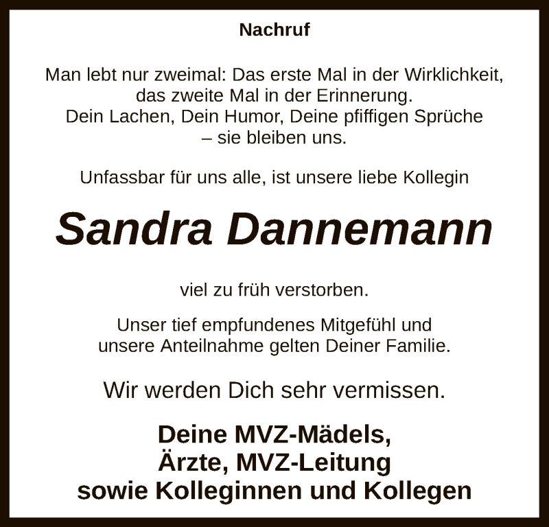  Traueranzeige für Sandra Dannemann vom 22.01.2021 aus SYK