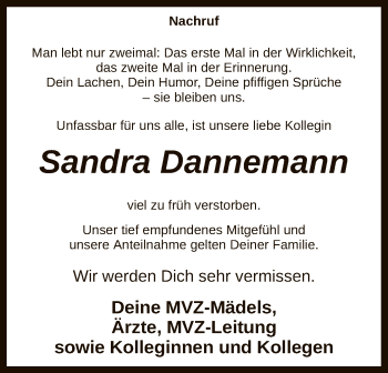 Traueranzeige von Sandra Dannemann von SYK