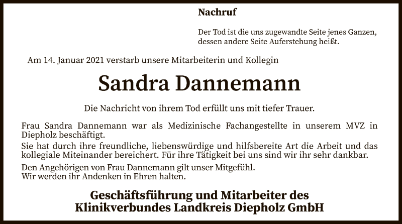  Traueranzeige für Sandra Dannemann vom 19.01.2021 aus SYK