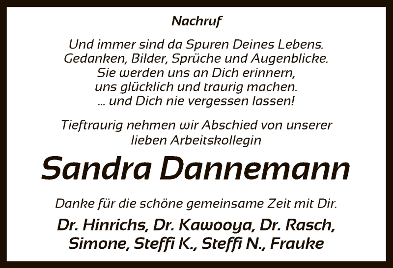  Traueranzeige für Sandra Dannemann vom 22.01.2021 aus SYK