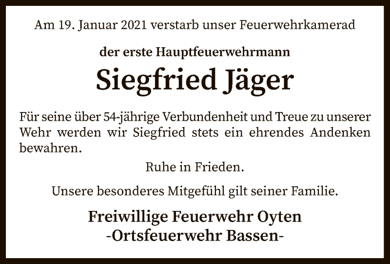  Traueranzeige für Siegfried Jäger vom 23.01.2021 aus SYK