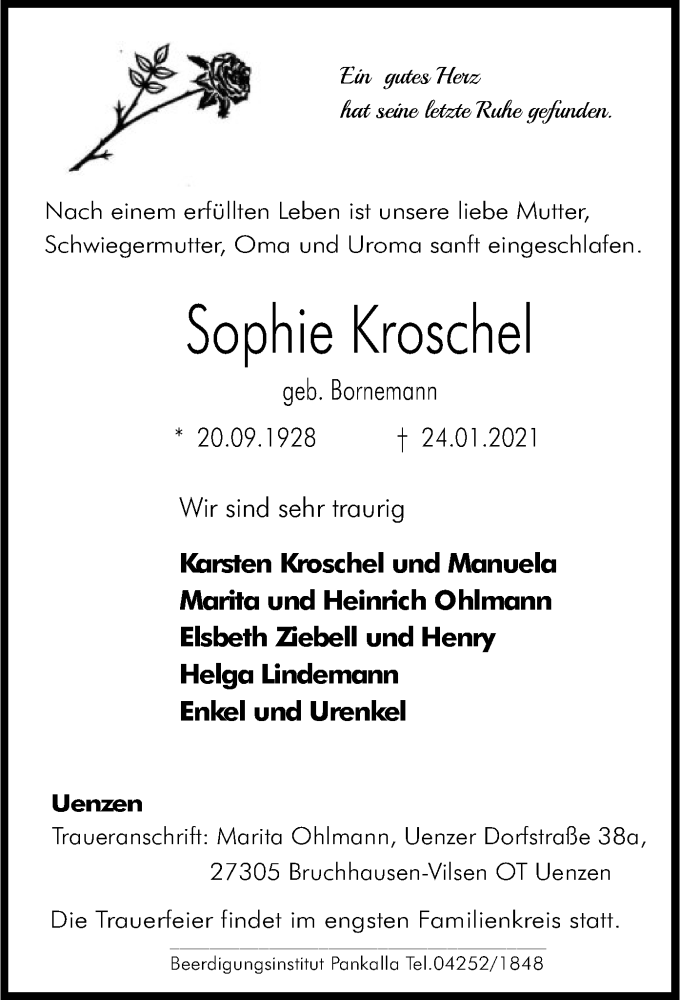  Traueranzeige für Sophie Kroschel vom 26.01.2021 aus SYK