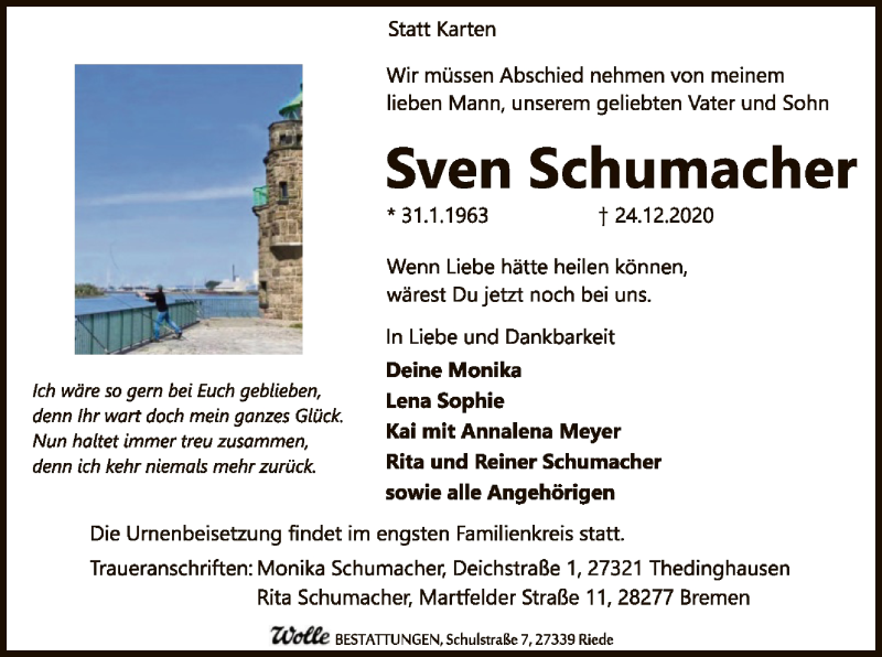  Traueranzeige für Sven Schumacher vom 02.01.2021 aus SYK