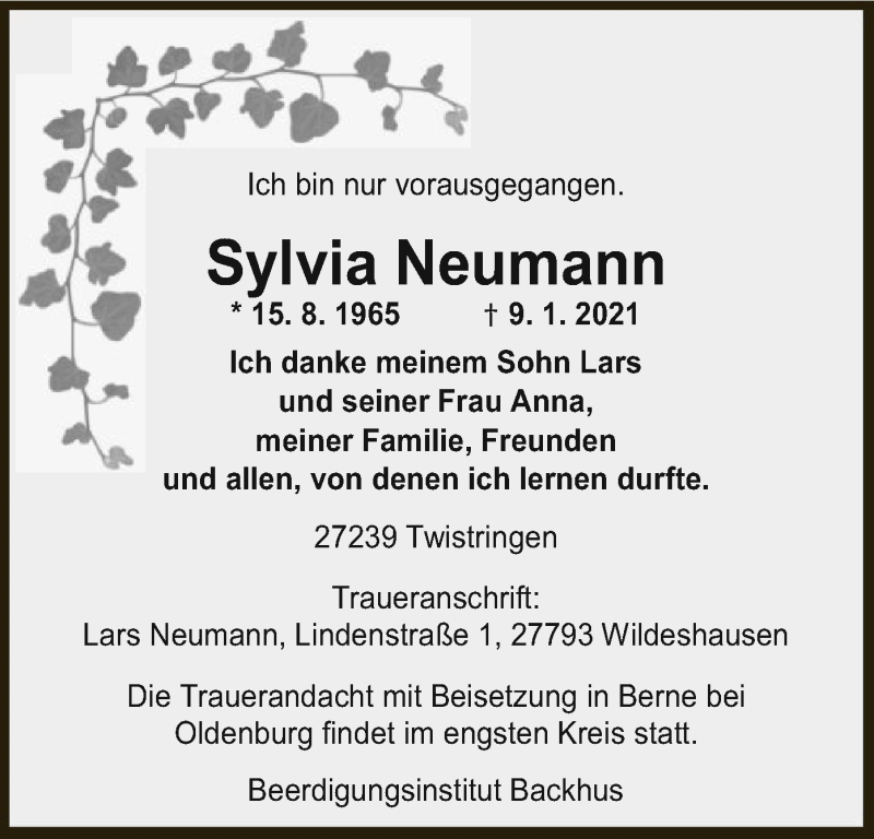  Traueranzeige für Sylvia Neumann vom 12.01.2021 aus SYK