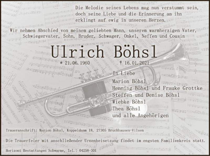  Traueranzeige für Ulrich Böhsl vom 23.01.2021 aus SYK