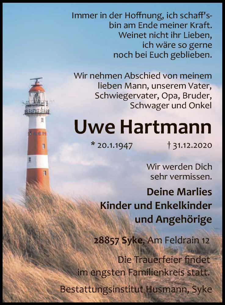  Traueranzeige für Uwe Hartmann vom 05.01.2021 aus SYK