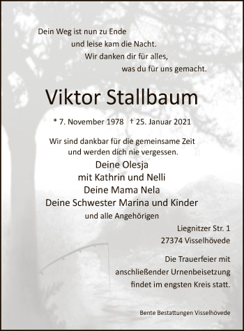 Traueranzeige von Viktor Stallbaum von SYK