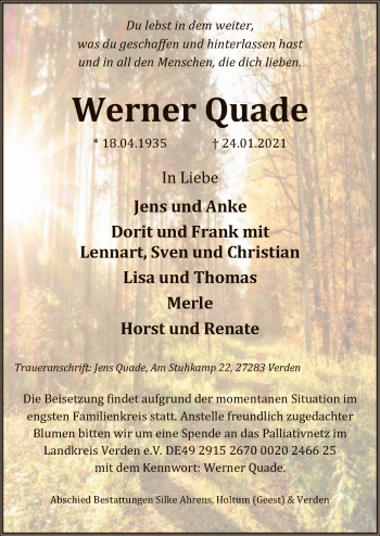 Traueranzeige von Werner Quade von SYK