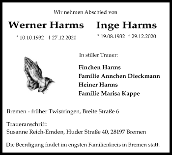 Traueranzeige von Werner und Inge Harms von SYK