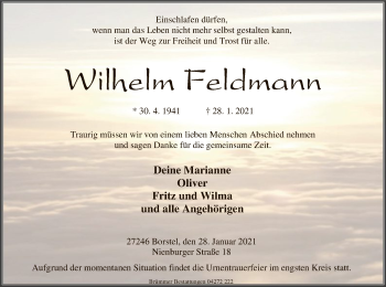 Traueranzeige von Wilhelm Feldmann von SYK