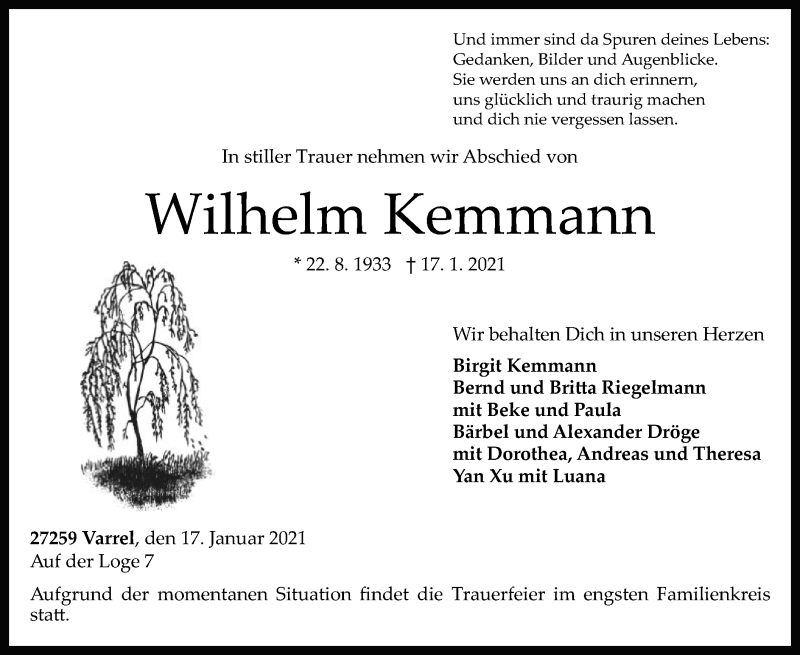  Traueranzeige für Wilhelm Kemmann vom 20.01.2021 aus SYK