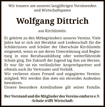 Traueranzeige von Wolfgang Dittrich von SYK