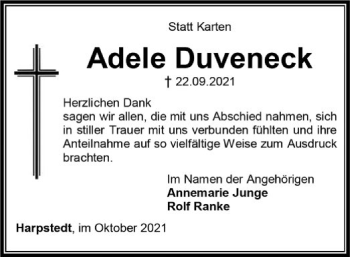 Traueranzeige von Adele Duveneck von SYK