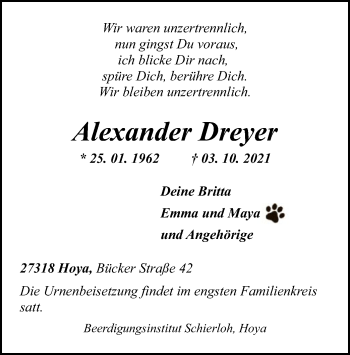 Traueranzeige von Alexander Dreyer von SYK