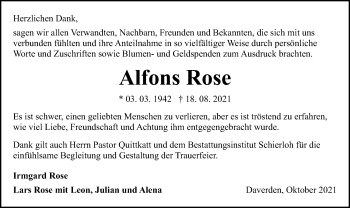 Traueranzeige von Alfons Rose von SYK