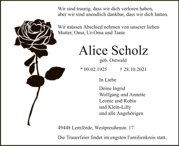 Traueranzeige von Alice Scholz von SYK