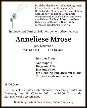 Traueranzeige von Anneliese Mrose von SYK