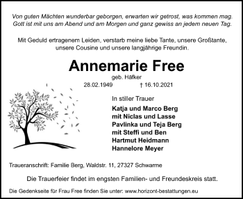 Traueranzeige von Annemarie Free von SYK