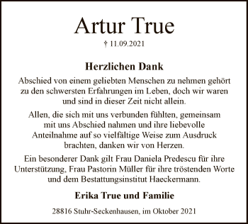 Traueranzeige von Artur True von SYK