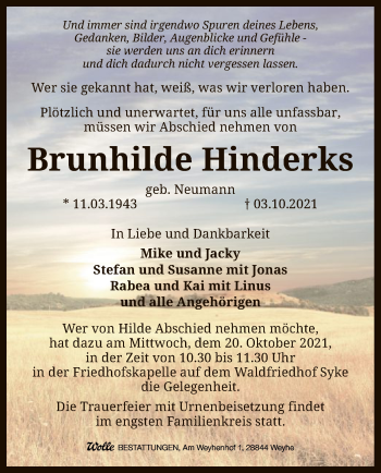 Traueranzeige von Brunhilde Hinderks von SYK